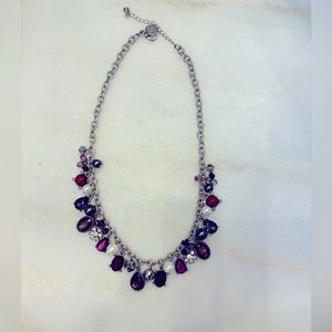 Beaded necklace. WHBM. Burgundy, lavender, while, crystal and grey beads.